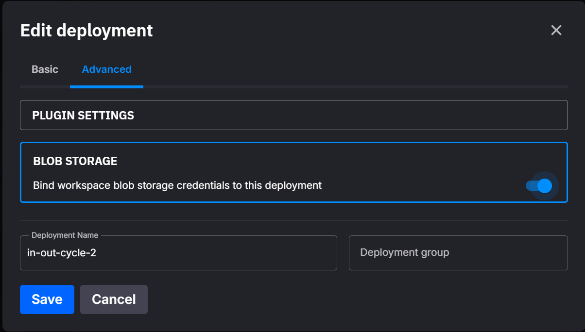 Blob storage toggle in the deployment Advanced tab